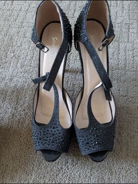 Black Sparkle Peep-Toe Heels with Ankle Strap
